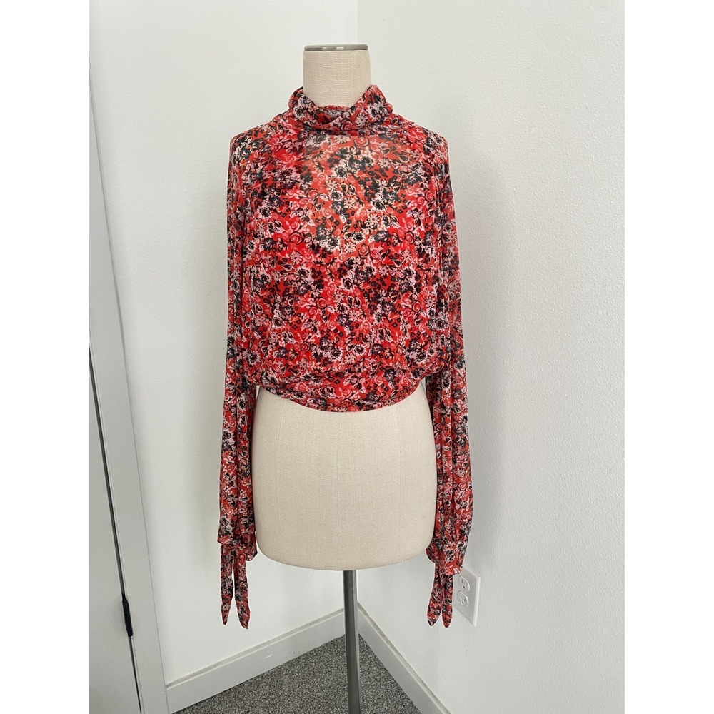 Free People Top Women M‎ Orange Floral Mock Neck Cropped Boho Puff Sleeve